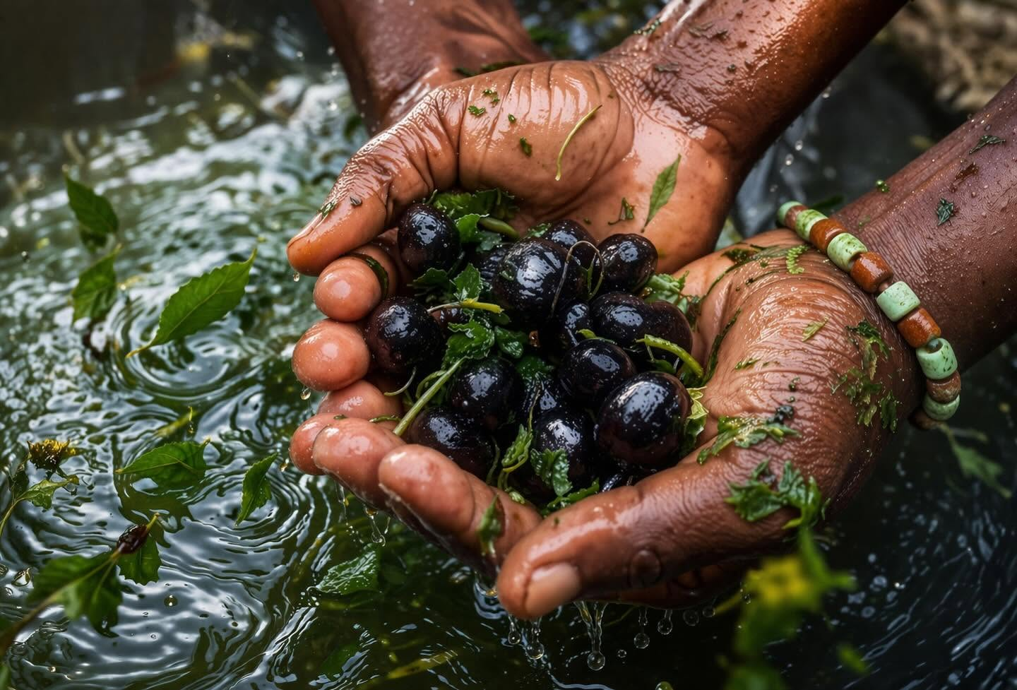 Manos sosteniendo ewé fresco y frutos sagrados sobre agua de río